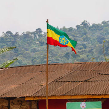 Ethiopian flag on a pole with a rustic building and greenery in the background