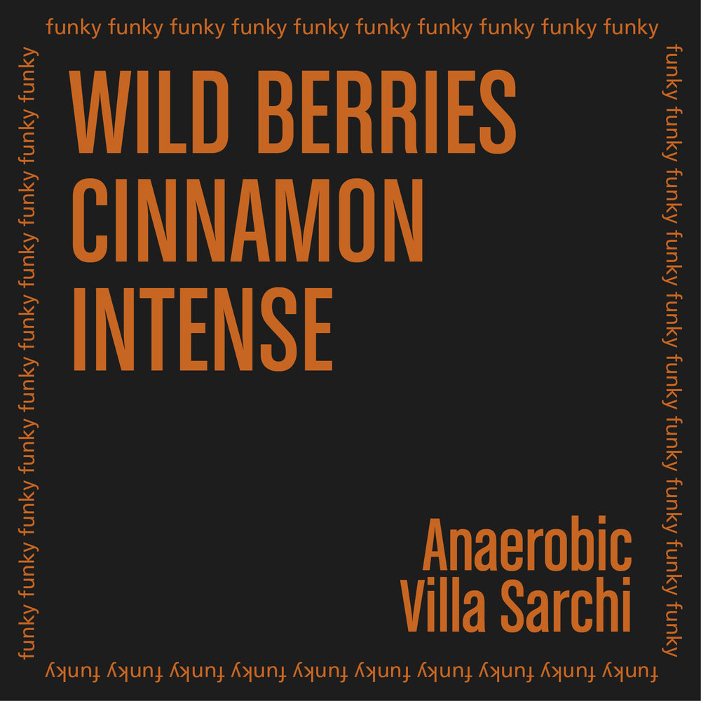 Scented product packaging with text 'Wild Berries', 'Cinnamon', 'Intense' and brand name 'Anaerobic Villa Sarchi' on a black background.