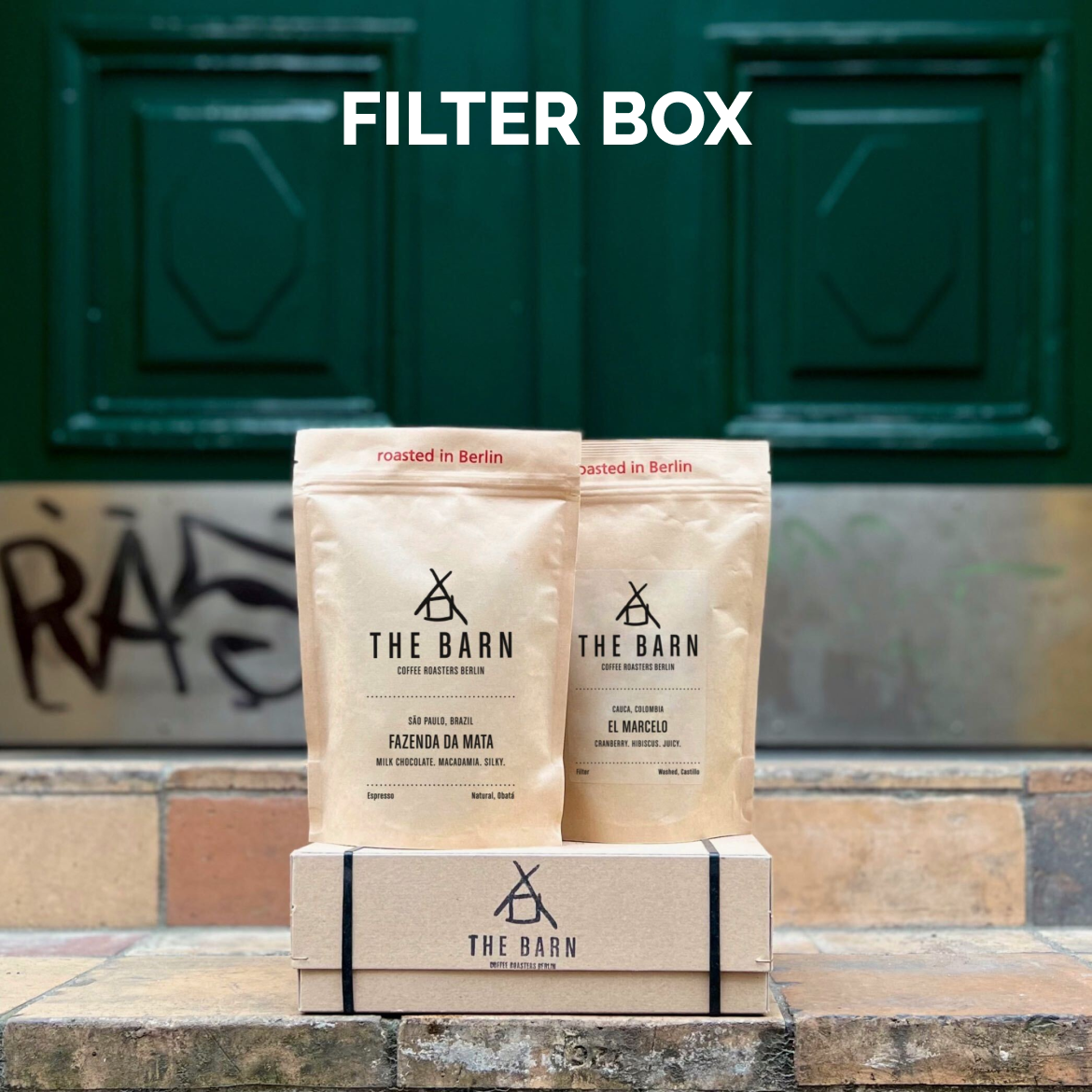 12 months curated subscription - Two 250g bags of freshly roasted filter coffee beans: Fazenda da Mata and El Marcelo on a packaging box from THE BARN Coffee Roasters