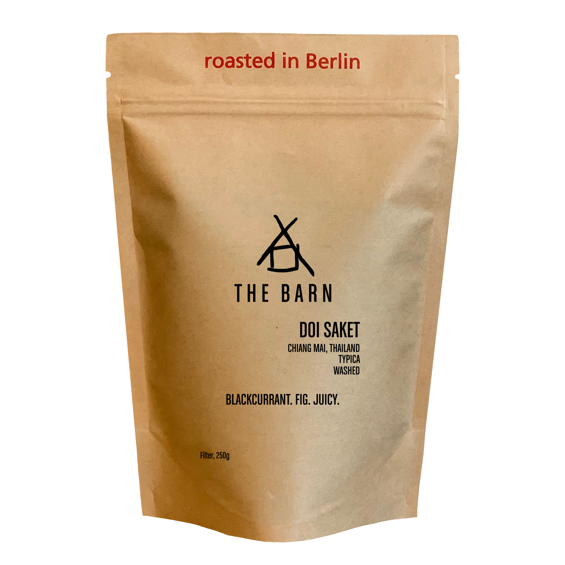 Kraft paper coffee bag with 'The Barn' branding and coffee details on a white background