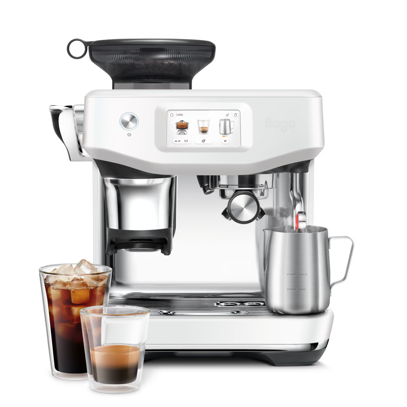 SAGE BARISTA TOUCH IMPRESS – WITH COLD EXTRACTION espresso machine in Sea Salt color with cold coffee drinks featured.