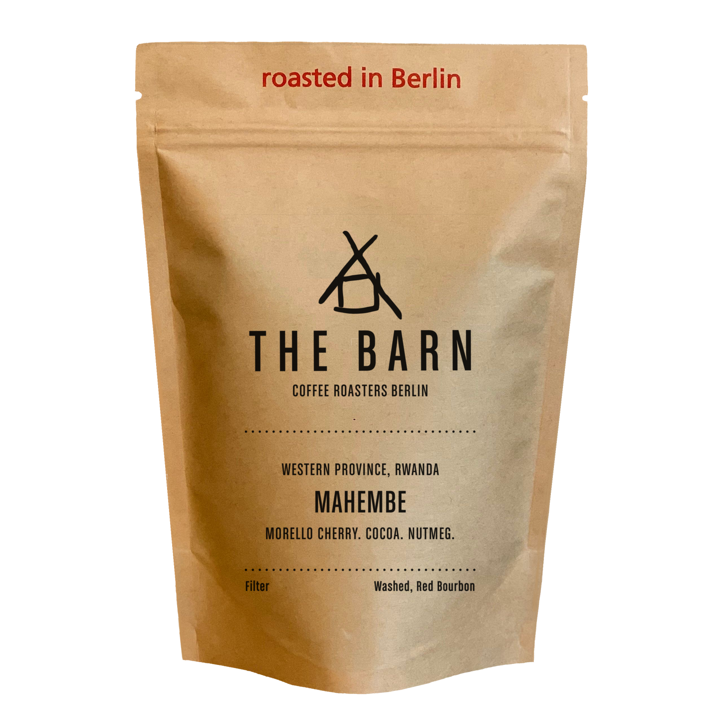 250 grams brown bag of Mahembe, filter coffee beans, with a red tag printed on top "roasted in Berlin"